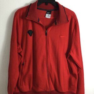 Nike Bomber Jacket Mens Size L Red Full Zipper Collared Swooosh Logo Long Sleeve